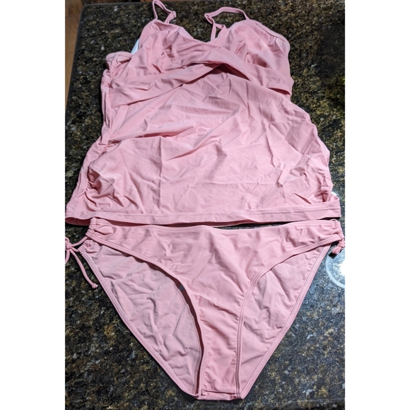 FLAW AS IS Womens Swim Set  L Pink Tankini Black Skirt 2 Piece  Spaghetti Strap - Picture 11 of 17